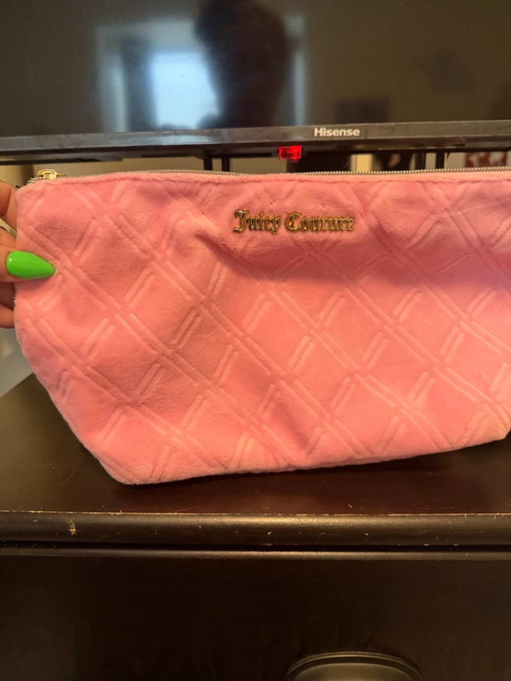 Juicy Couture Soft Pink Quilted Velvet Cosmetic Pouch with Gold Tone Logo